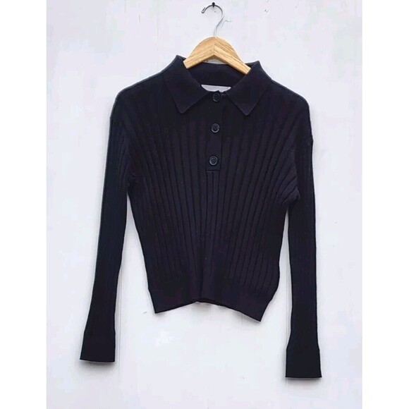 One Grey Day Sweaters - One Grey Day Women's Black Half Button Collared Cotton Long Sleeve Shirt Sz S